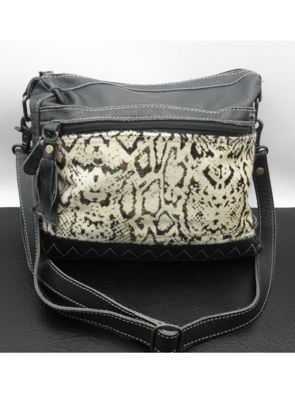 Myra Genuine Hair Black Cowhide Soft Leather Western Crossbody Shoulder Bag FLAW